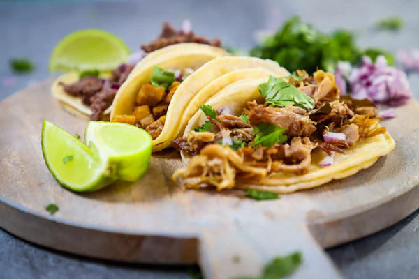 Tacos topped with onion, coriander and lime on a board